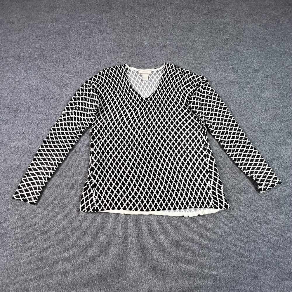 Palette Blouse Top Women's L Black Acrylic Geometric V-Neck Preppy Business
